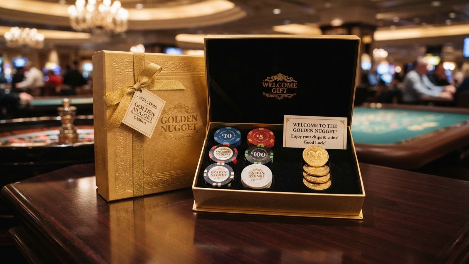 Caja de regalo dorada con fichas y monedas de casino