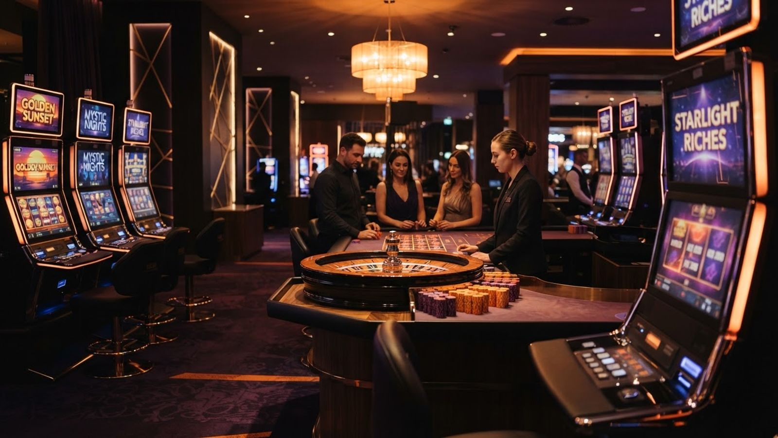 Sala de casino con tragamonedas y ruleta