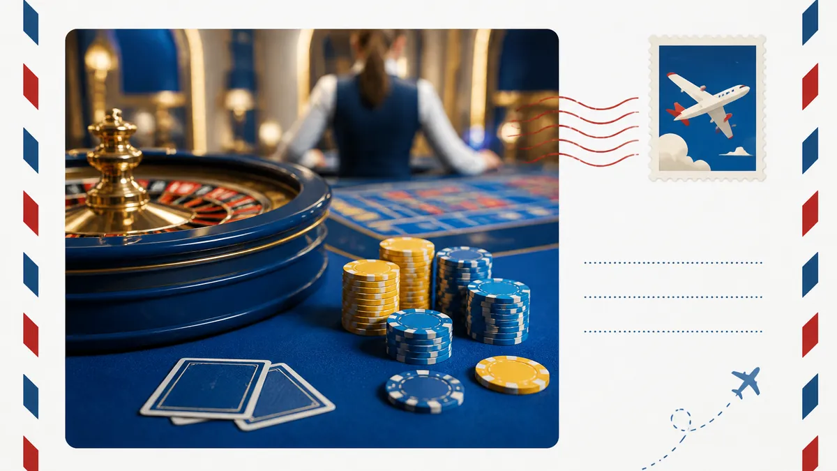 Mesa de casino en vivo con ruleta, fichas azules y amarillas y cartas sobre el tapete