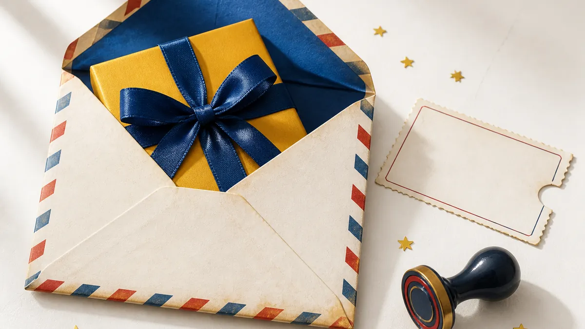 Sobre de correo aéreo abierto con una caja de regalo dorada y estrellas