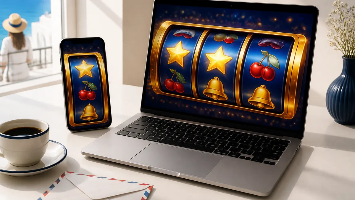 Smartphone y portátil con rodillos de tragamonedas en pantalla sobre un escritorio claro
