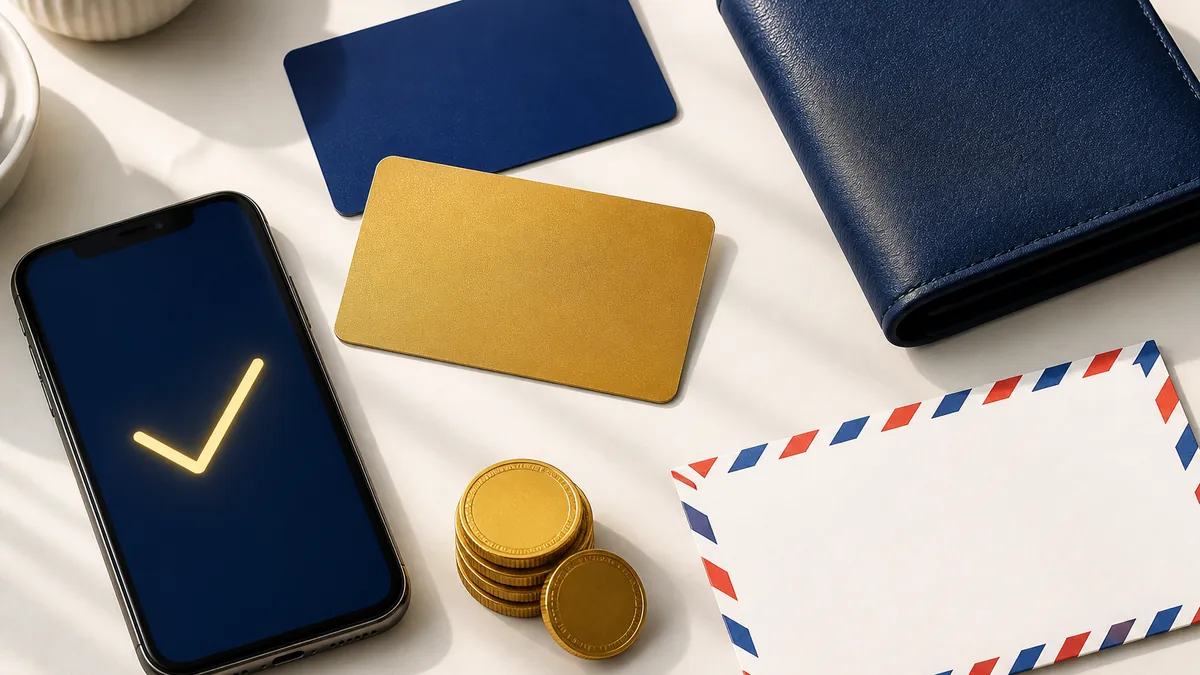 Tarjetas bancarias en azul y dorado, monedas, cartera y móvil con una marca de verificación