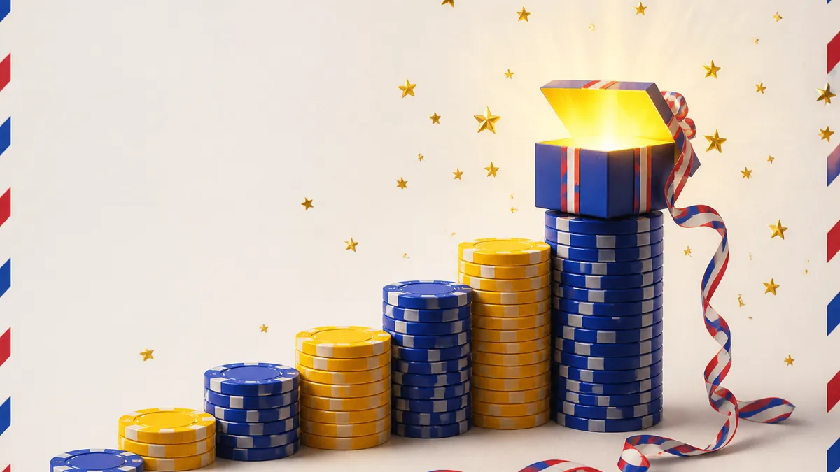 Escalera de fichas azules y doradas que sube hasta una caja de regalo iluminada