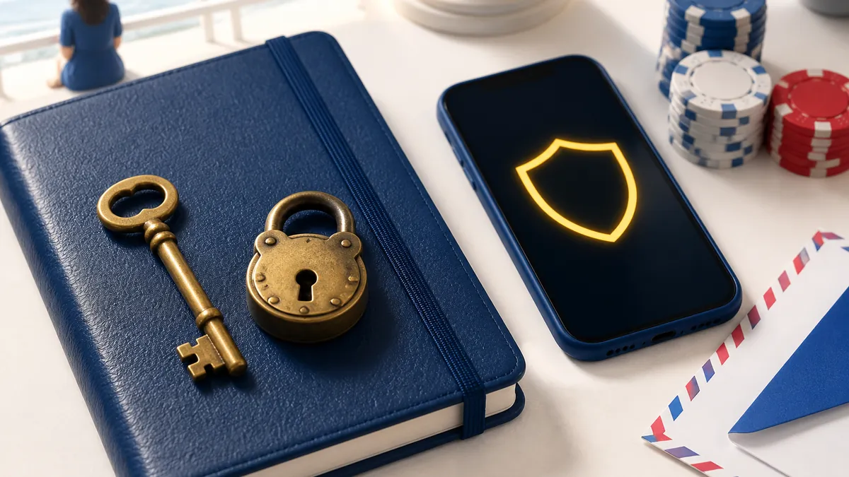Llave y candado dorados sobre una libreta azul junto a un móvil con un escudo luminoso