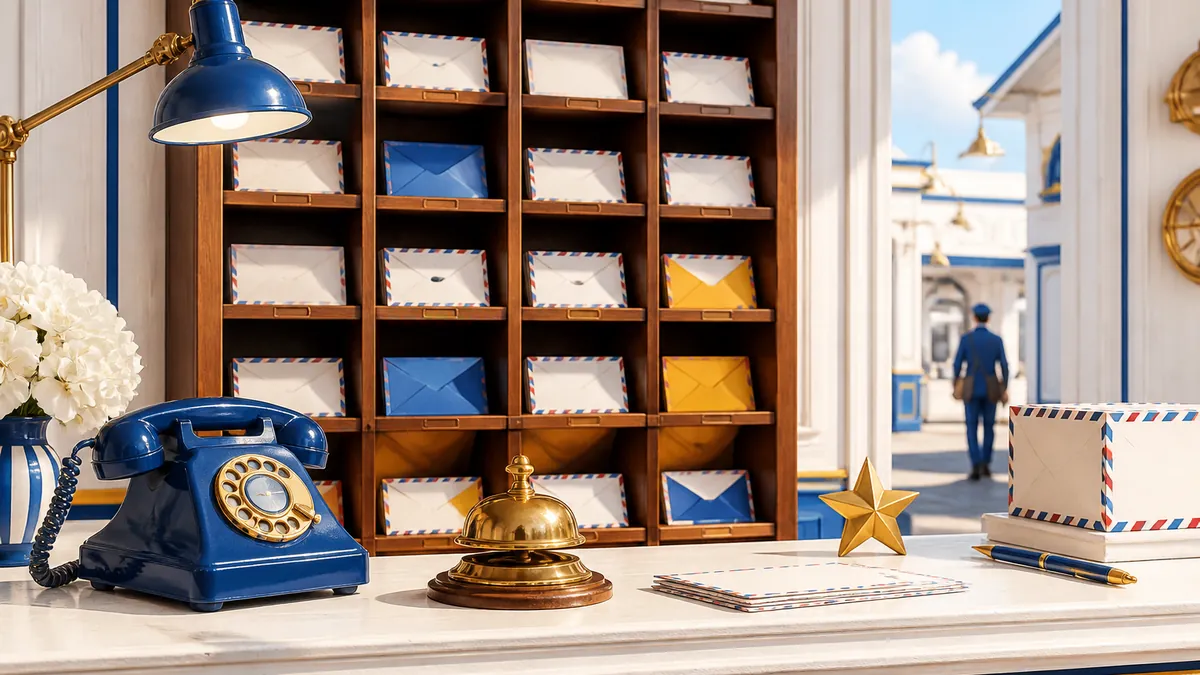 Mostrador de correos con casilleros llenos de sobres, timbre de recepción y teléfono azul