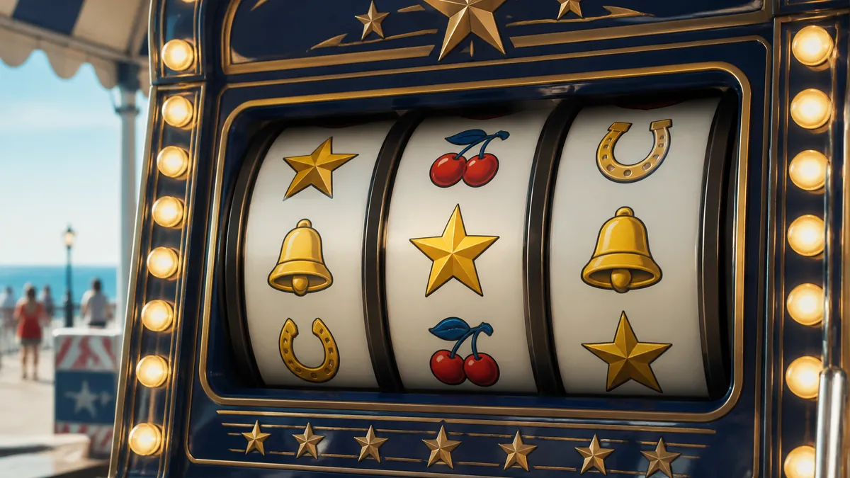 Rodillos de tragamonedas retro con estrellas, cerezas, campanas y herraduras en un mueble azul